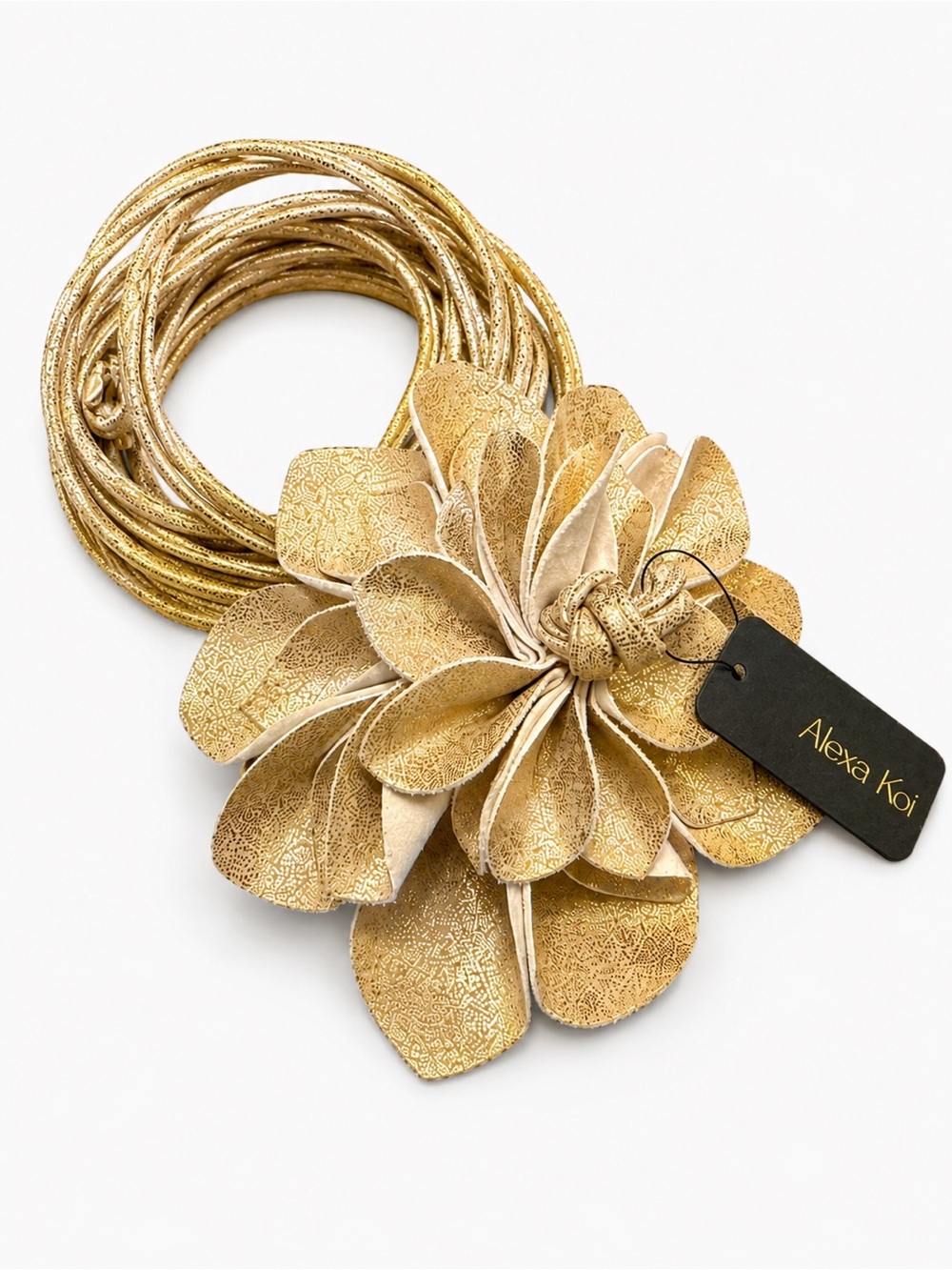 Alexa Koi Petite Gold Faux Suede Flower Wrap Belt – 86” Adjustable Belt